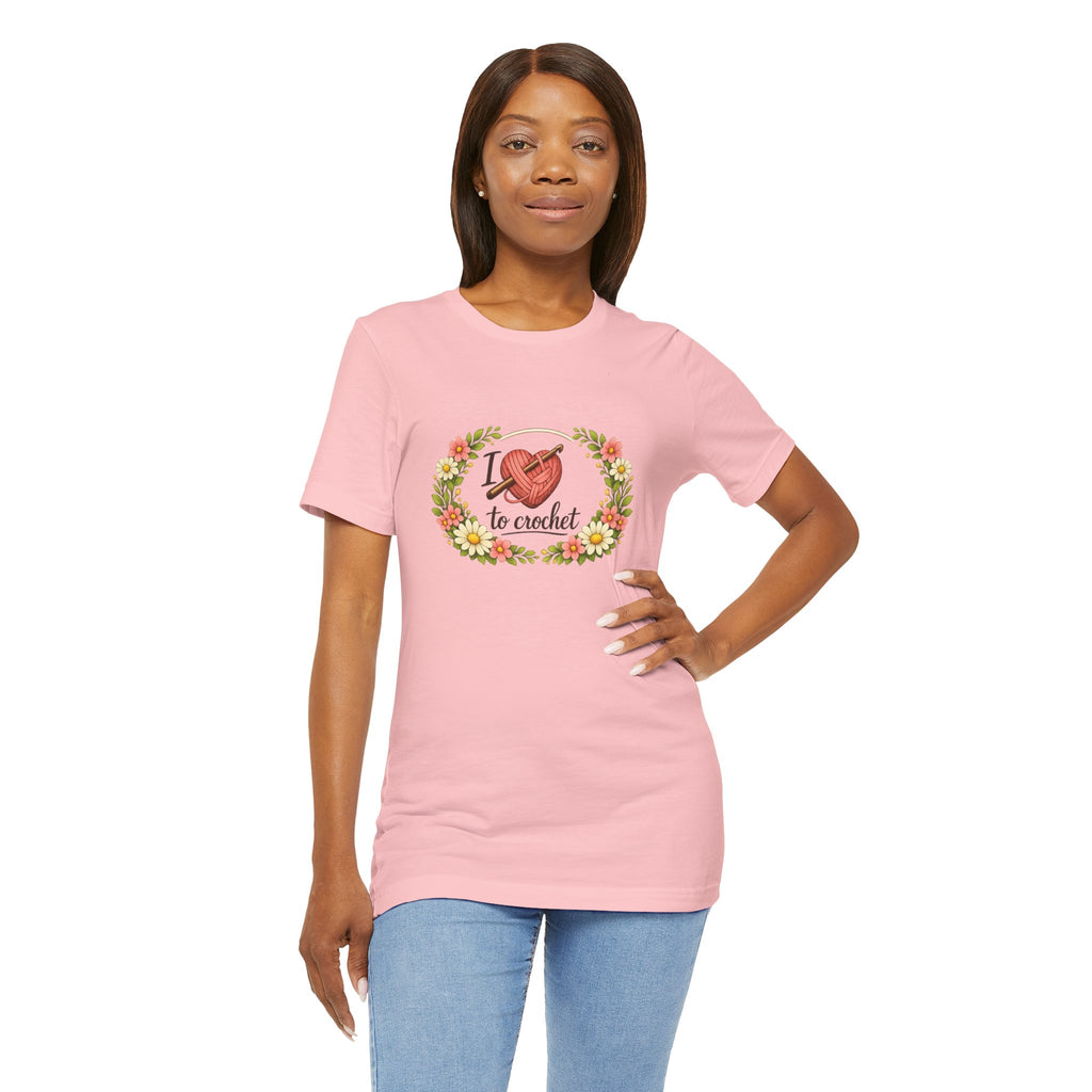 I Love to Crochet T-Shirt | Crochet Heart Graphic, Floral Wreath Tee