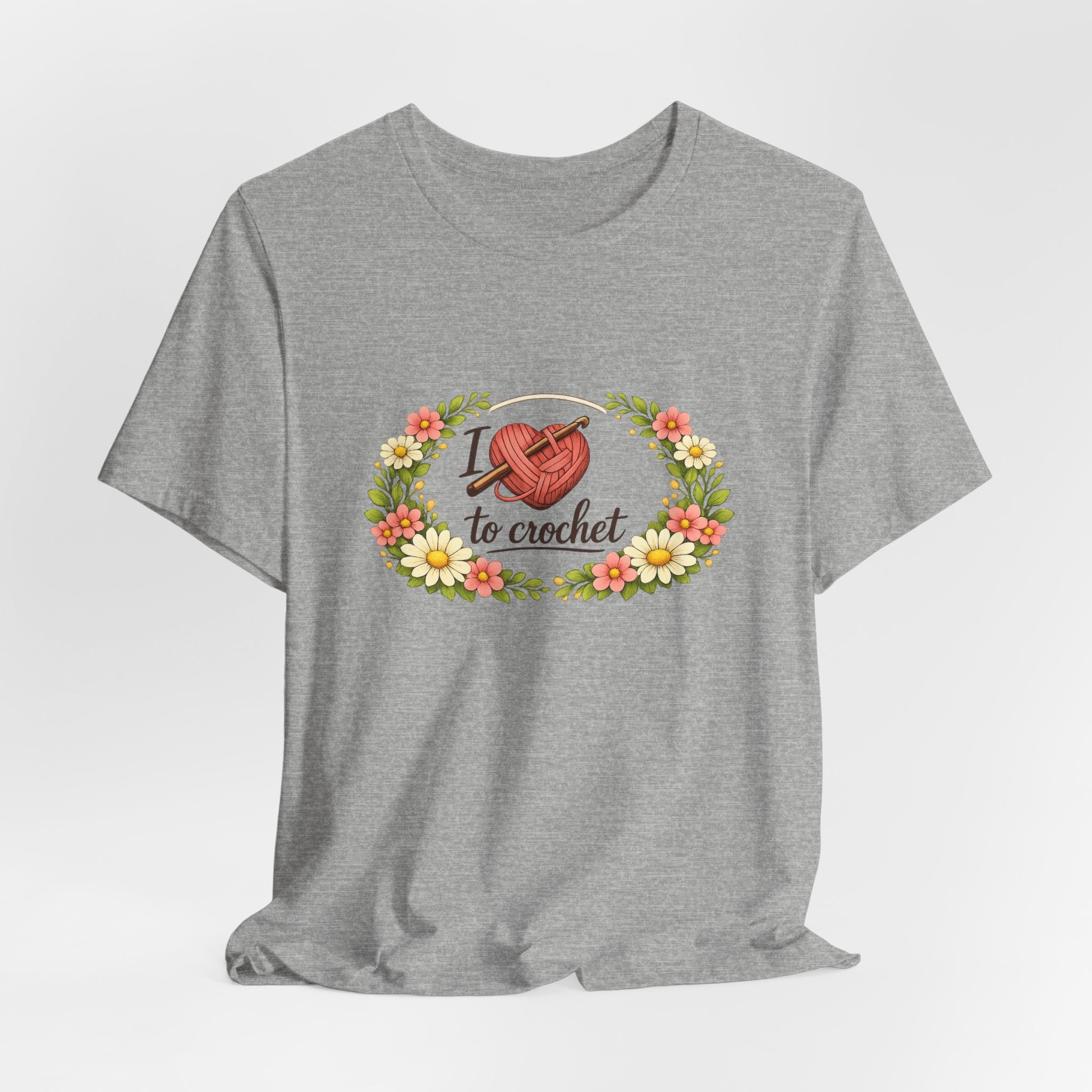 I Love to Crochet T-Shirt | Crochet Heart Graphic, Floral Wreath Tee