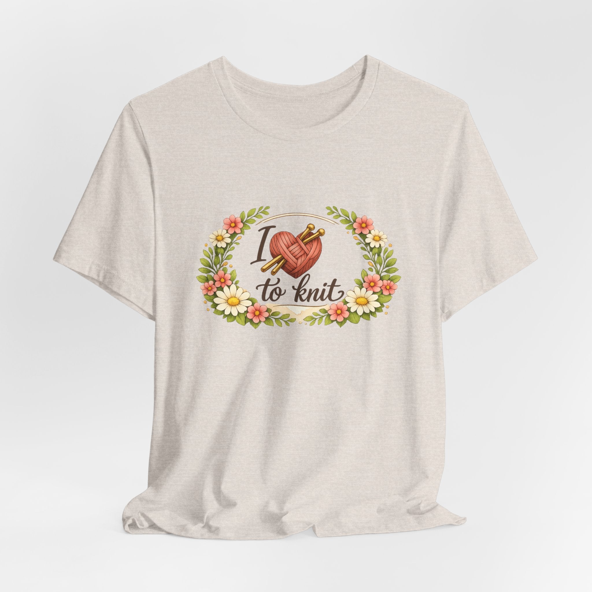 I Love to Knit T-Shirt | Knitting Heart Graphic, Floral Wreath Tee
