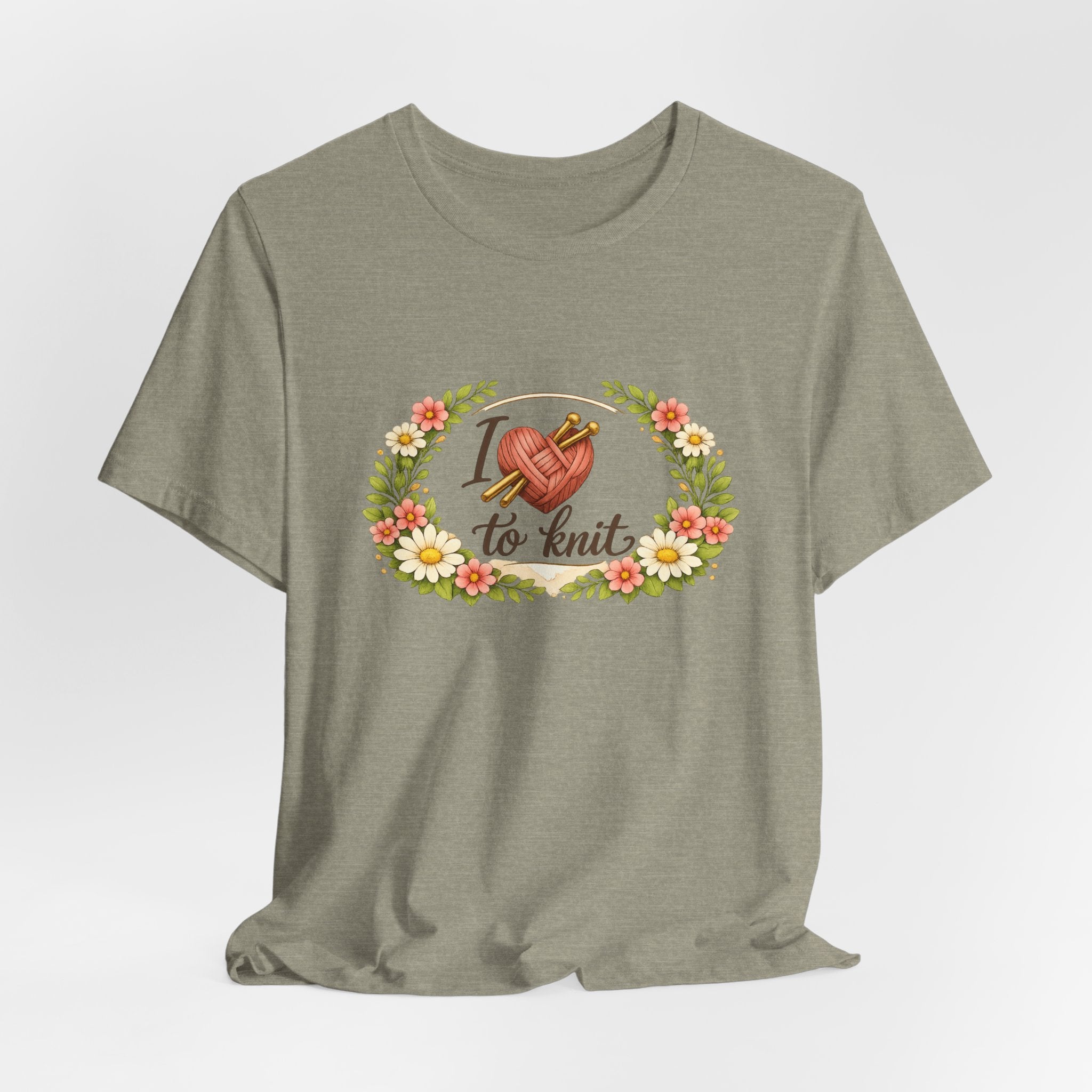 I Love to Knit T-Shirt | Knitting Heart Graphic, Floral Wreath Tee