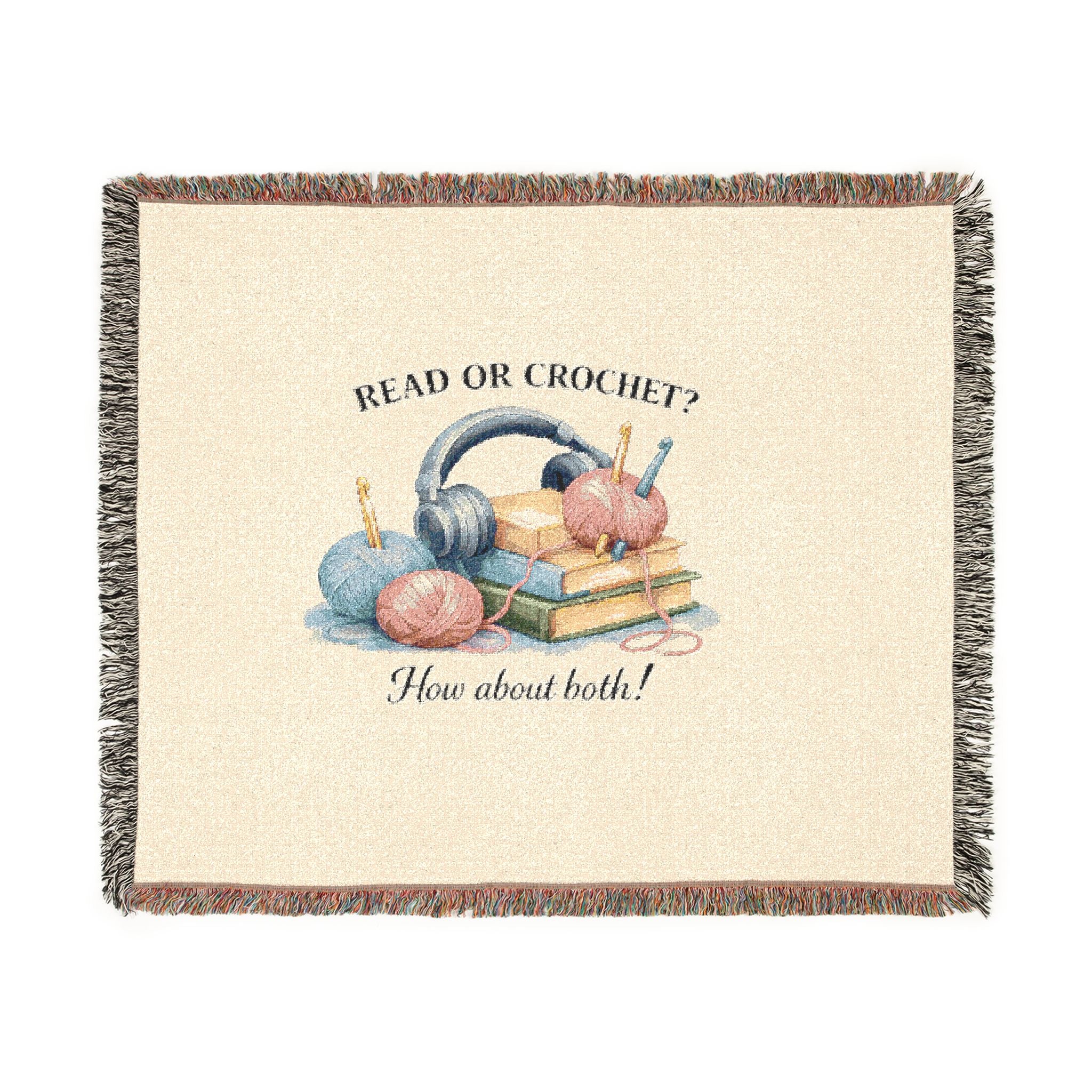 Woven cotton throw blanket with yarn and books design