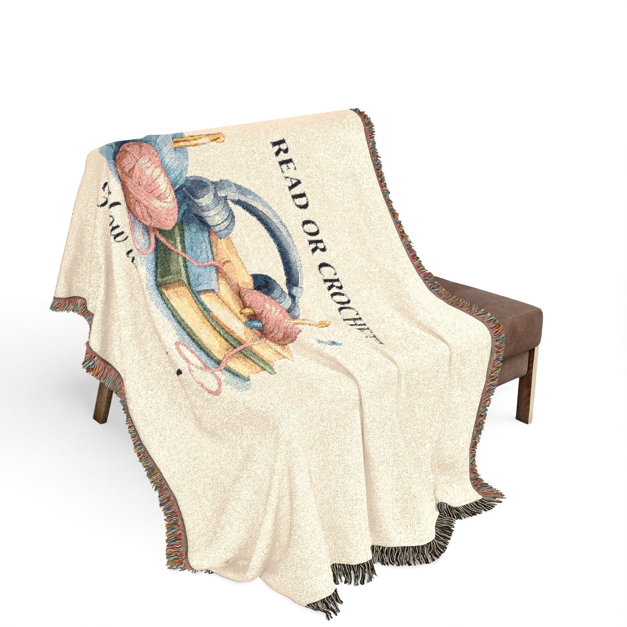 Woven cotton throw blanket with yarn and books design