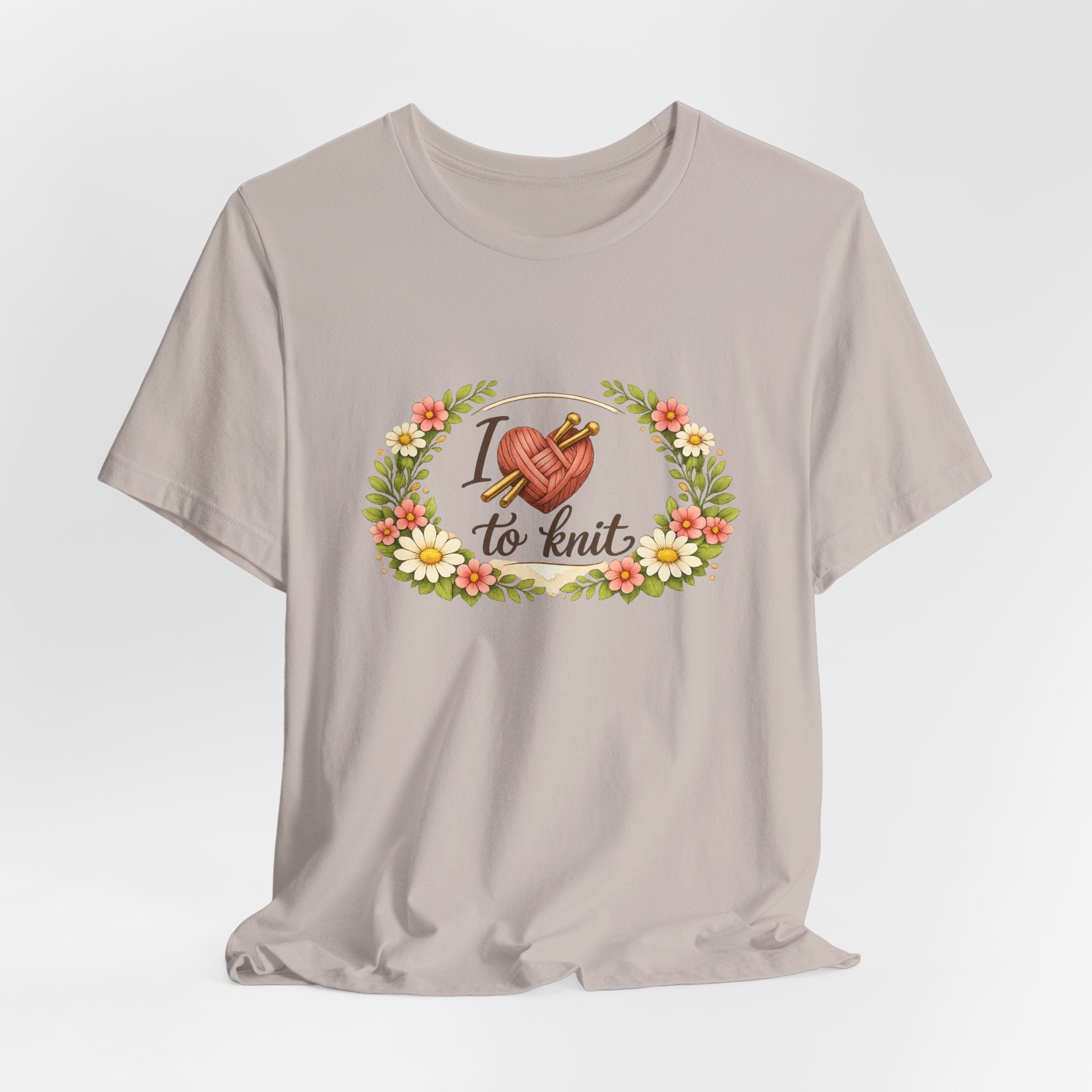 I Love to Knit T-Shirt | Knitting Heart Graphic, Floral Wreath Tee