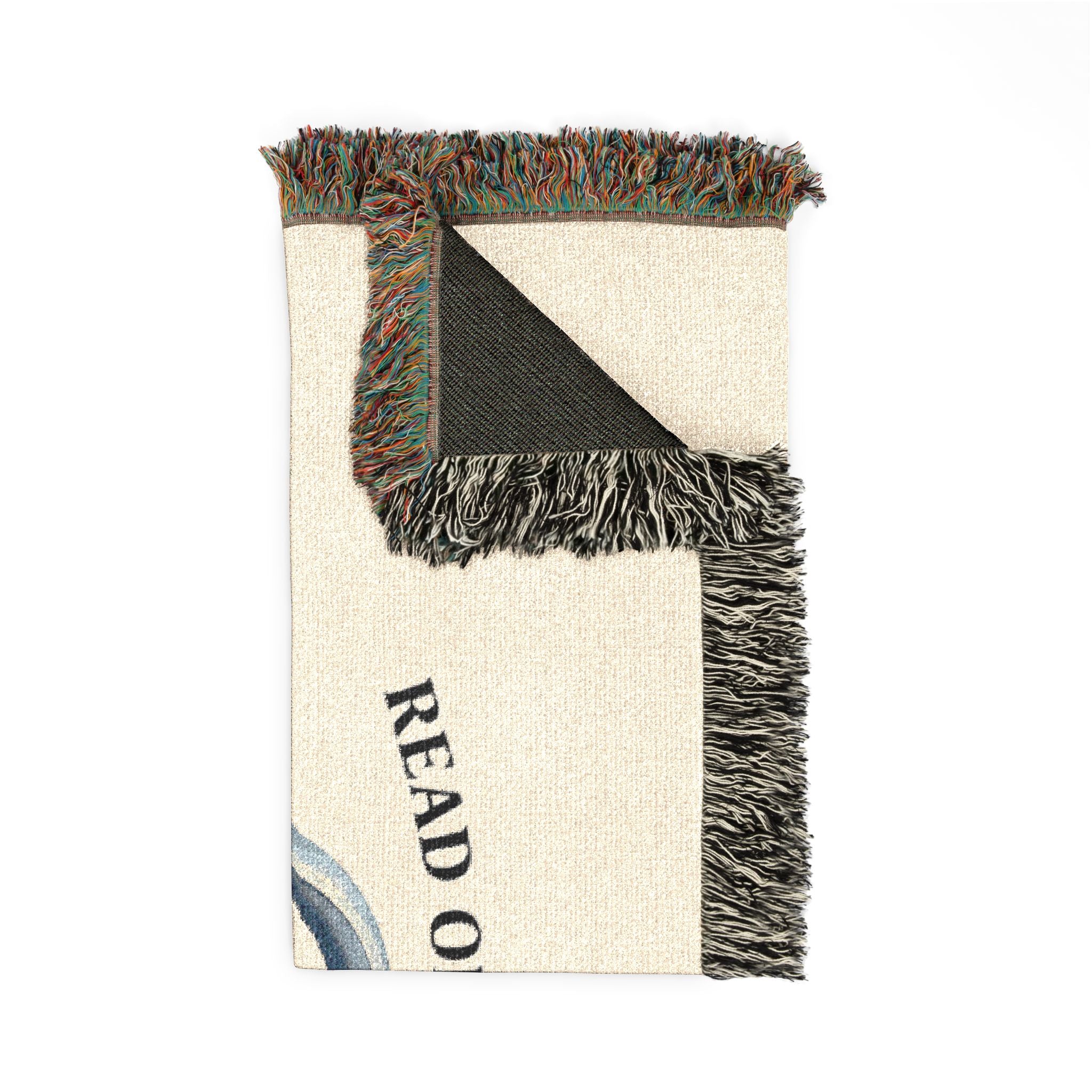 Woven cotton throw blanket with yarn and books design