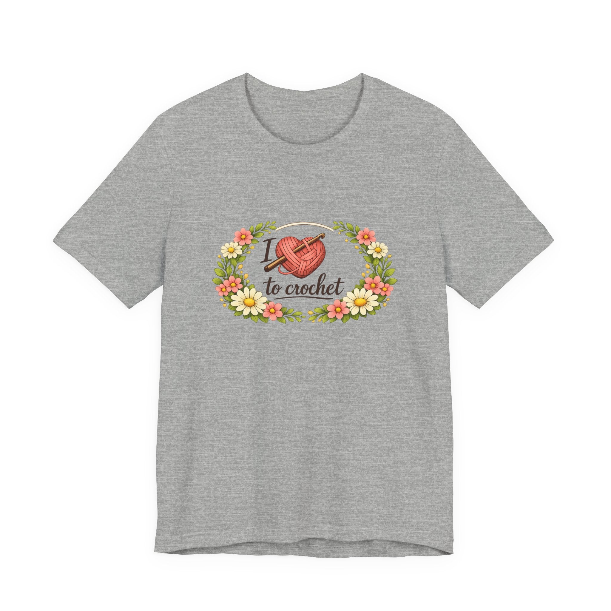 I Love to Crochet T-Shirt | Crochet Heart Graphic, Floral Wreath Tee