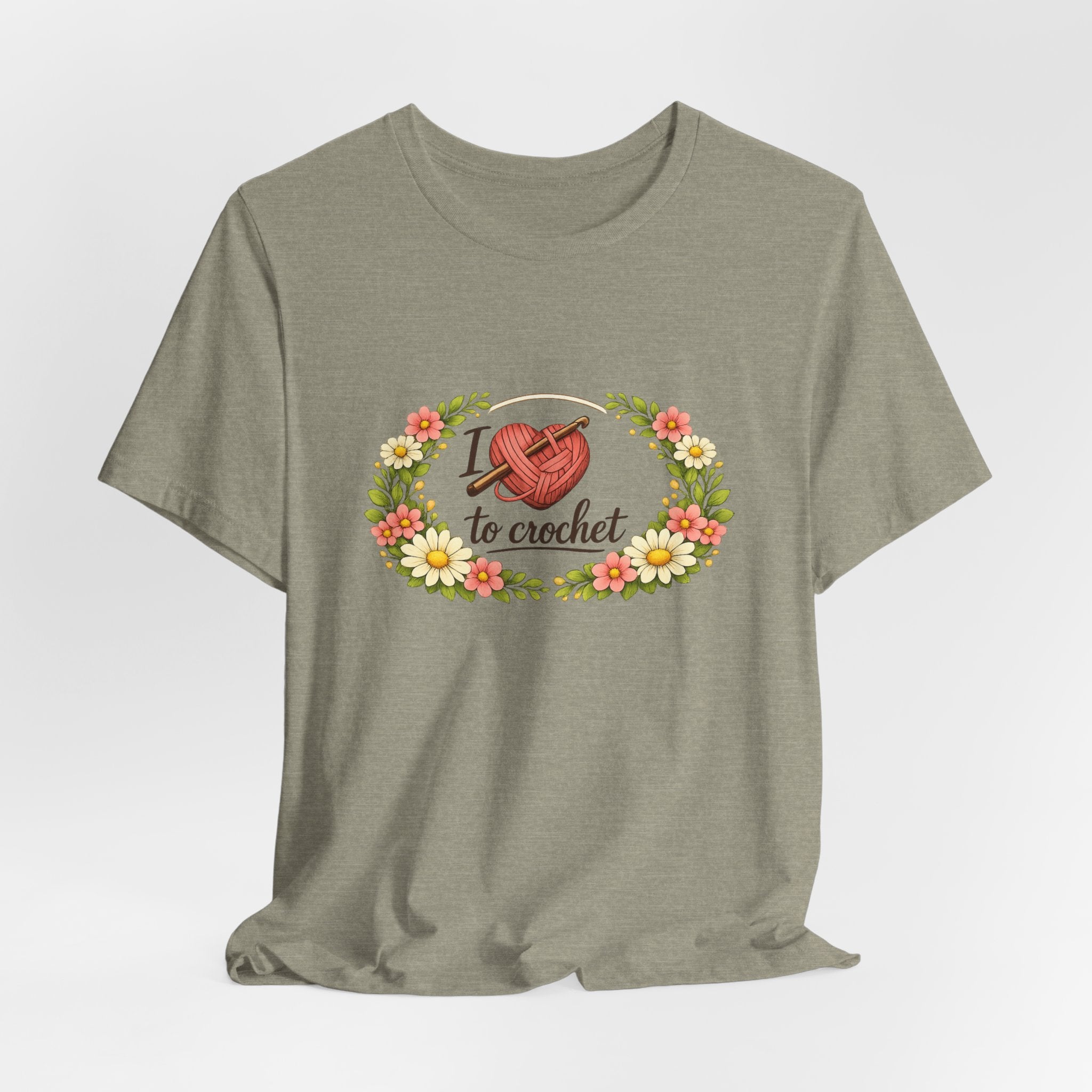 I Love to Crochet T-Shirt | Crochet Heart Graphic, Floral Wreath Tee