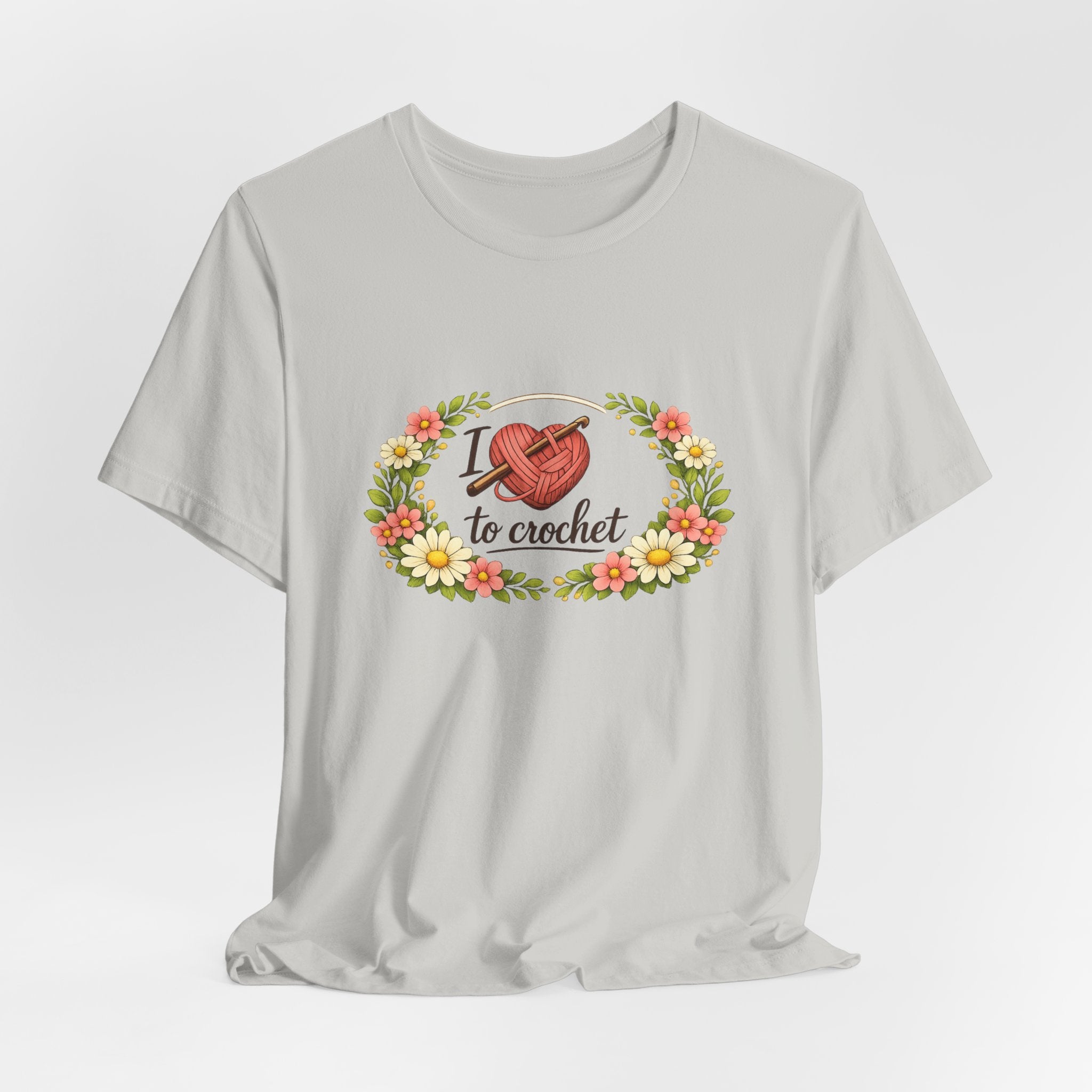 I Love to Crochet T-Shirt | Crochet Heart Graphic, Floral Wreath Tee