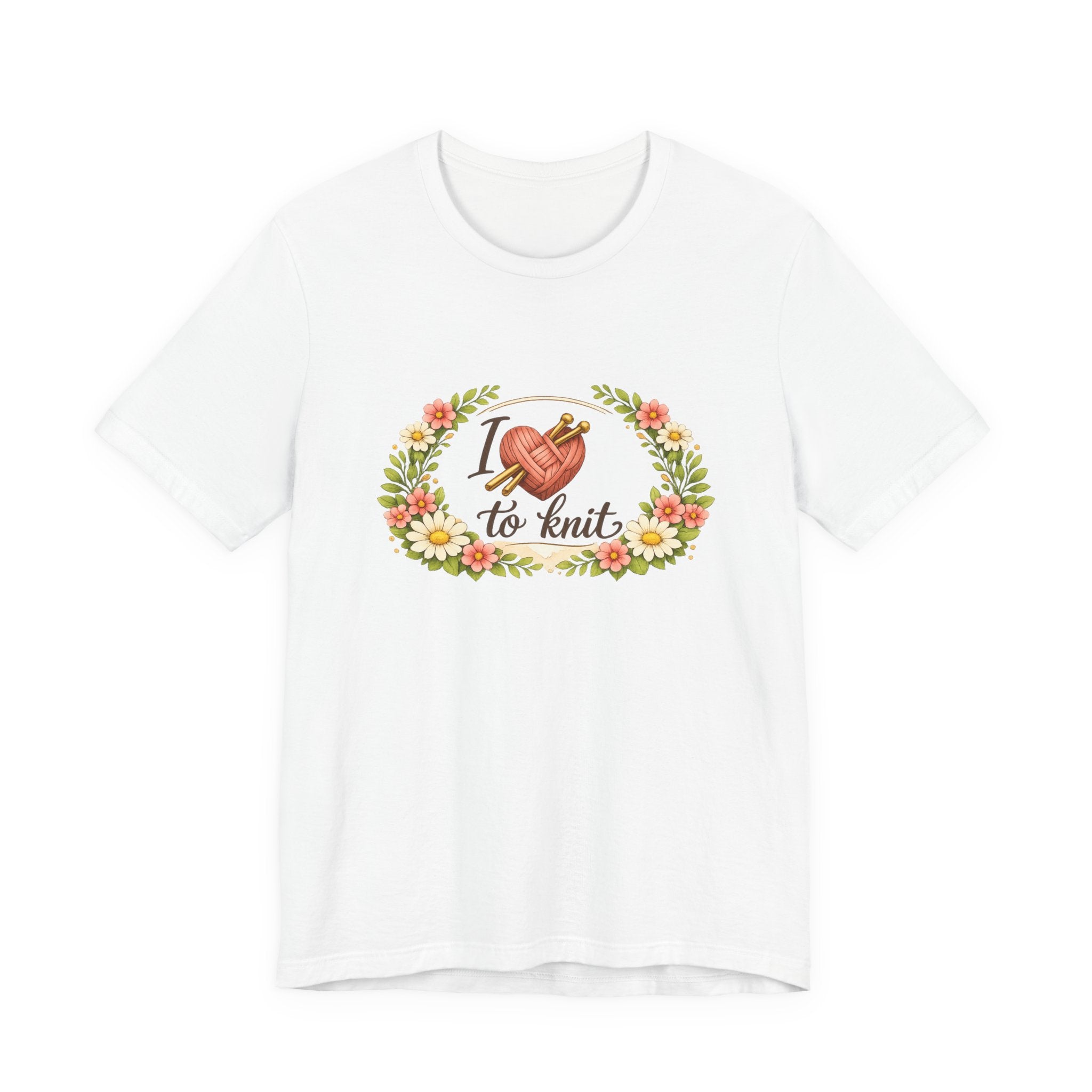 I Love to Knit T-Shirt | Knitting Heart Graphic, Floral Wreath Tee