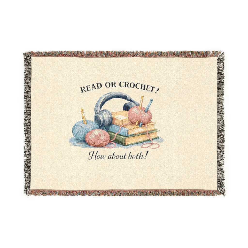 Woven cotton throw blanket with yarn and books design