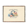 Woven cotton throw blanket with yarn and books design