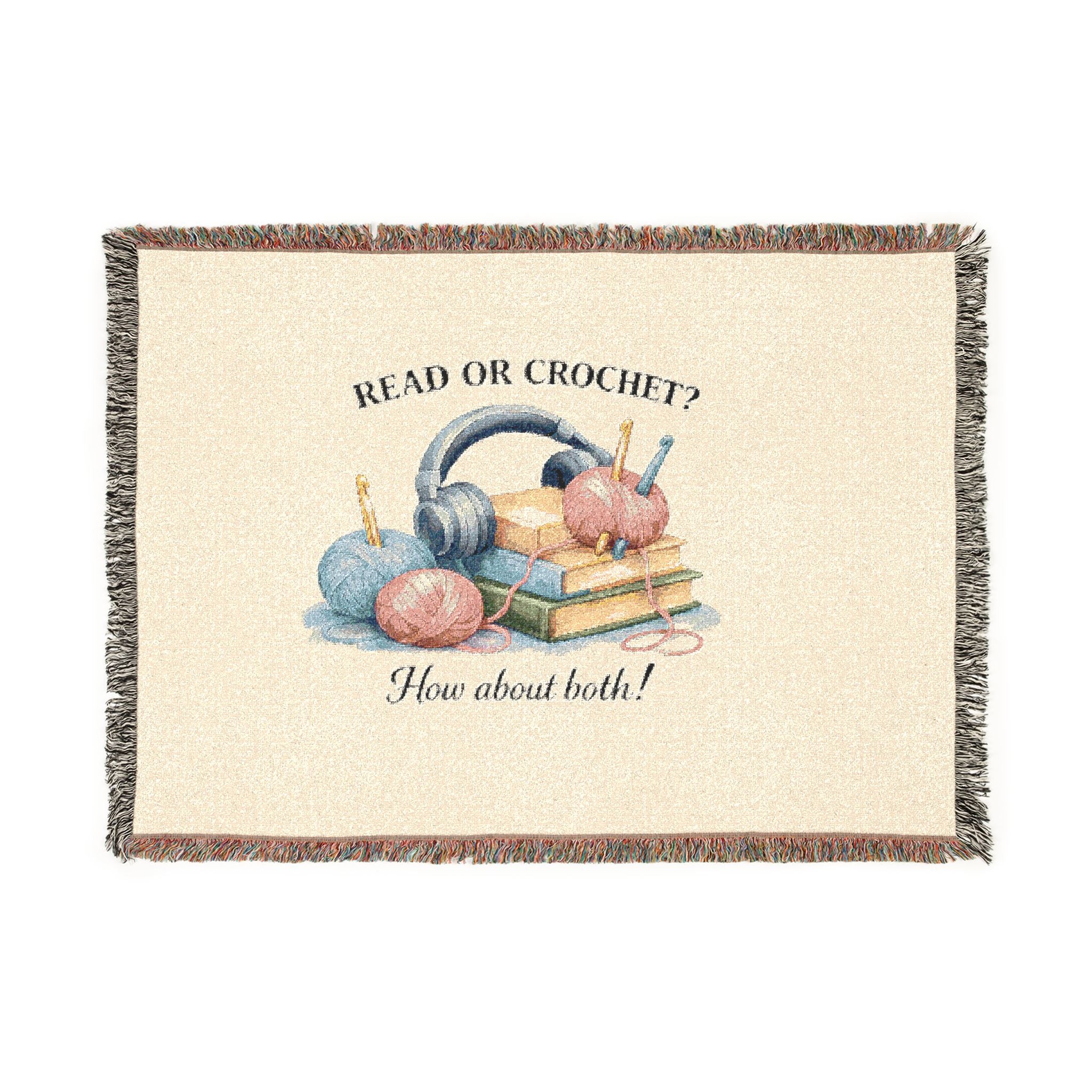 Woven cotton throw blanket with yarn and books design
