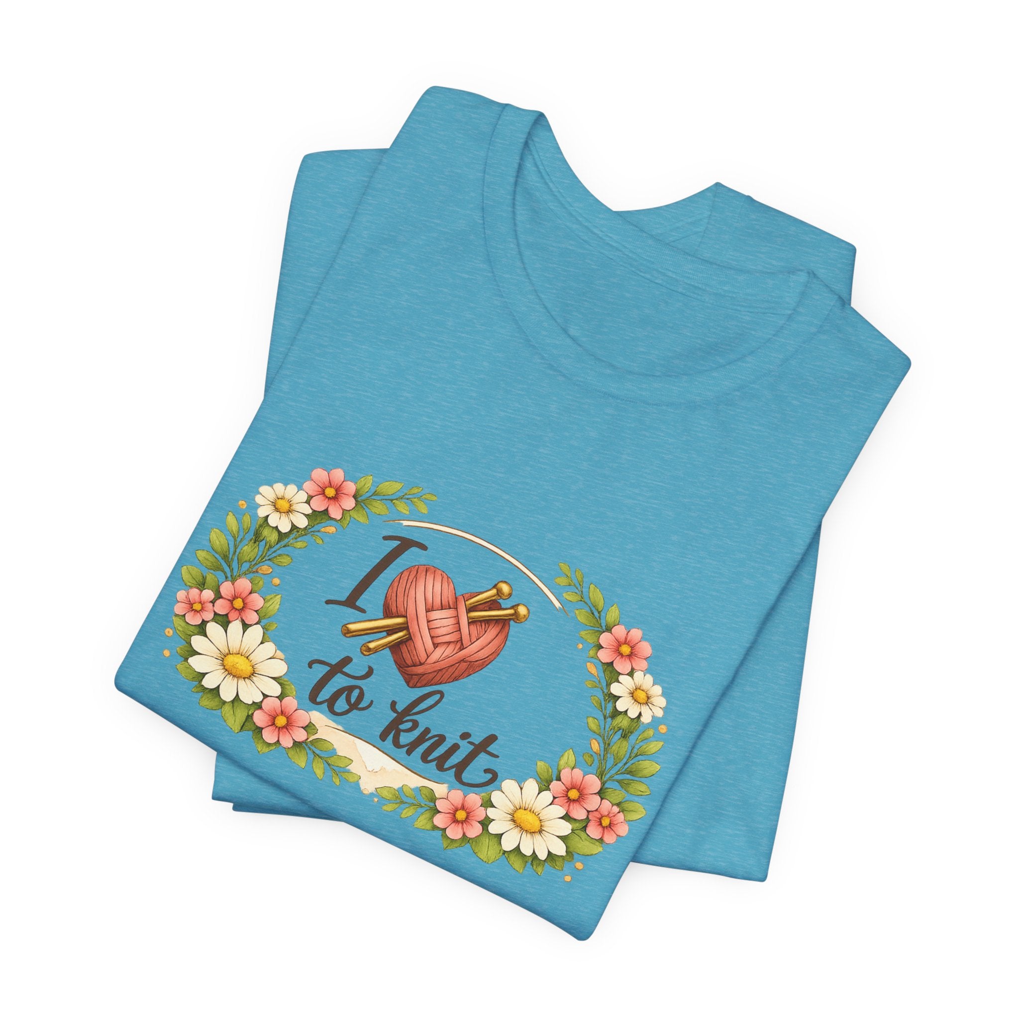 I Love to Knit T-Shirt | Knitting Heart Graphic, Floral Wreath Tee