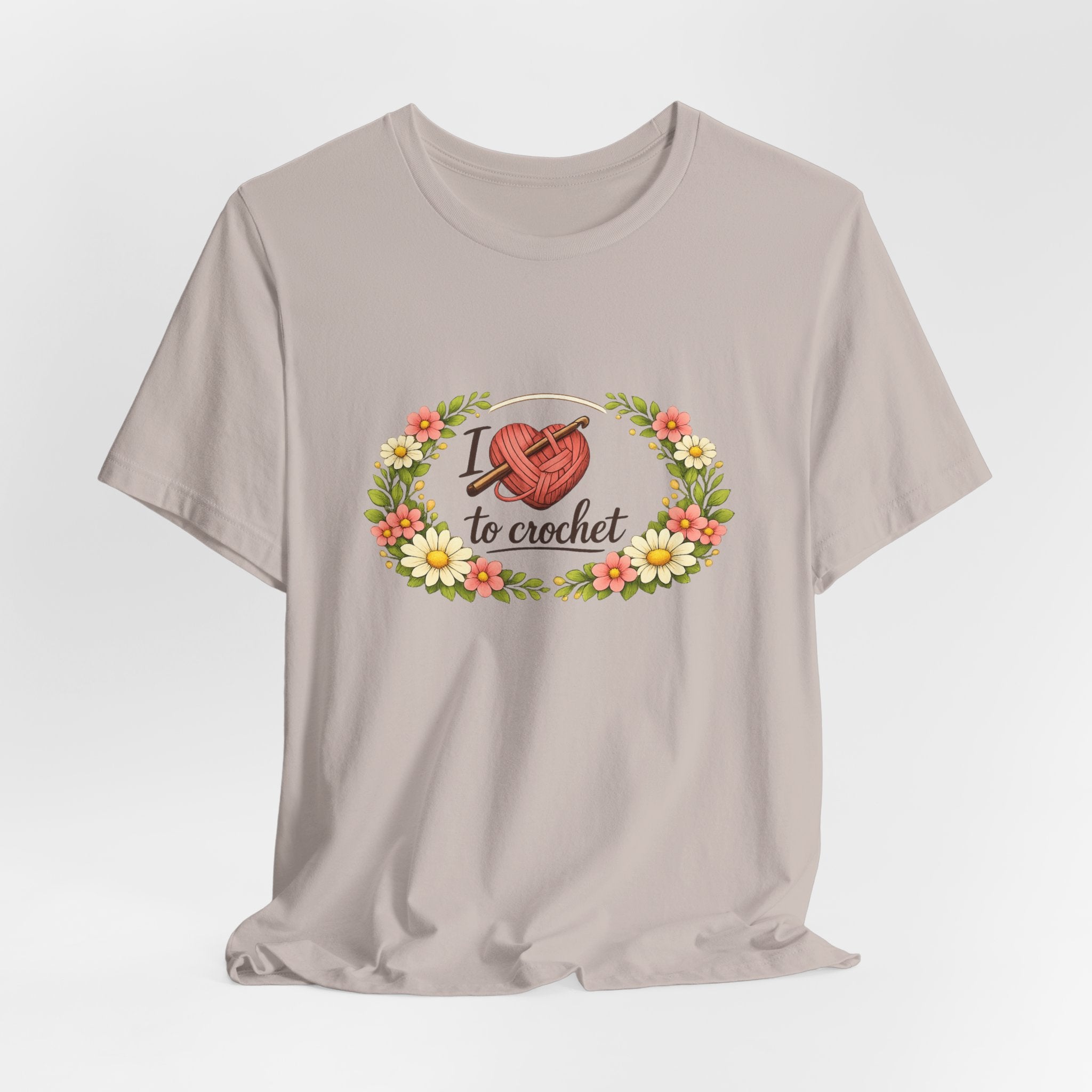 I Love to Crochet T-Shirt | Crochet Heart Graphic, Floral Wreath Tee