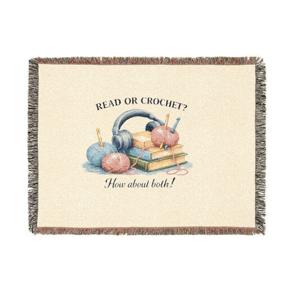 Woven cotton throw blanket with yarn and books design