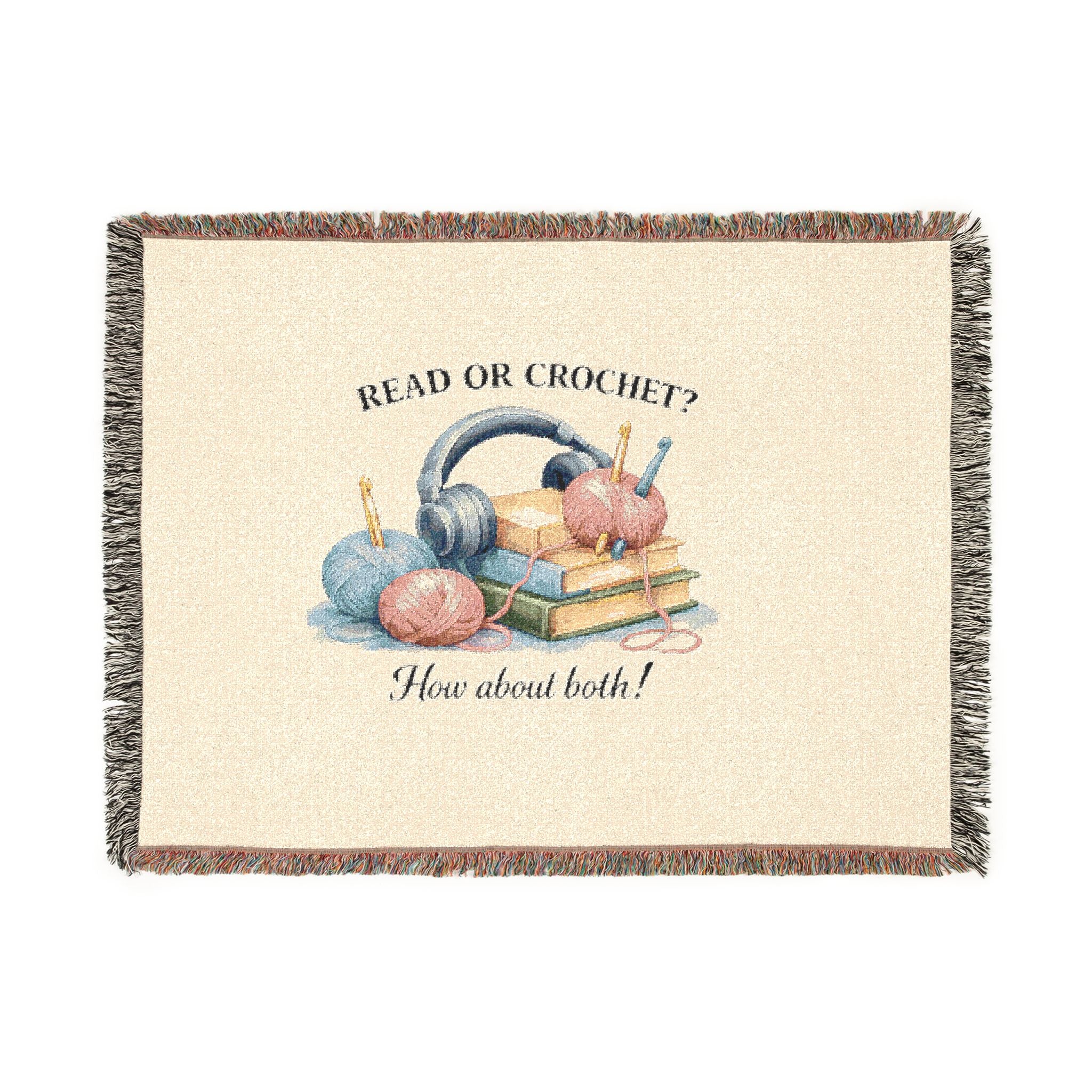 Woven cotton throw blanket with yarn and books design