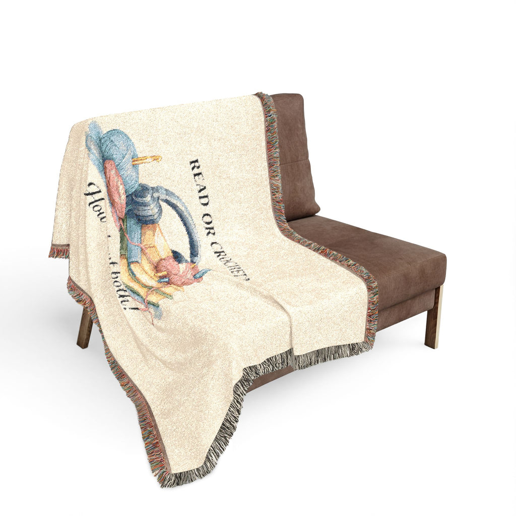 Woven cotton throw blanket with yarn and books design