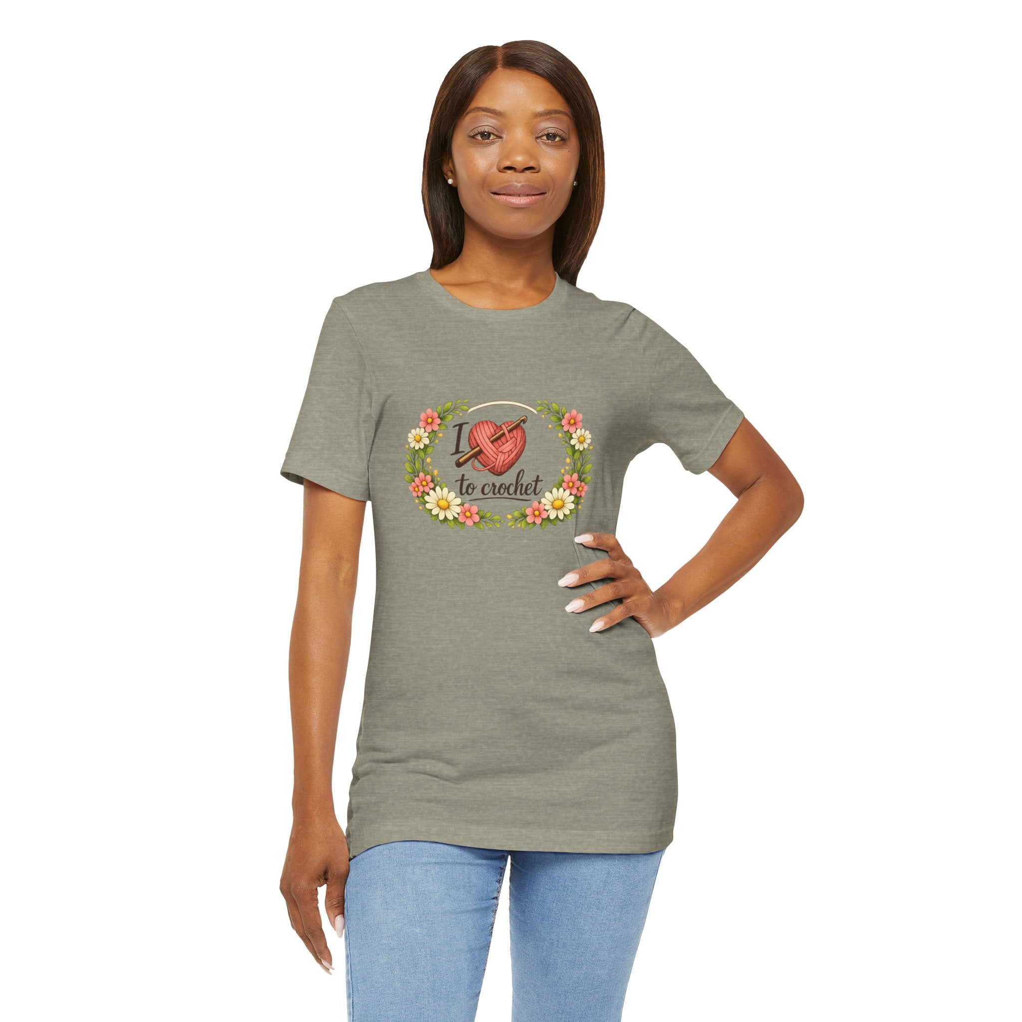 I Love to Crochet T-Shirt | Crochet Heart Graphic, Floral Wreath Tee