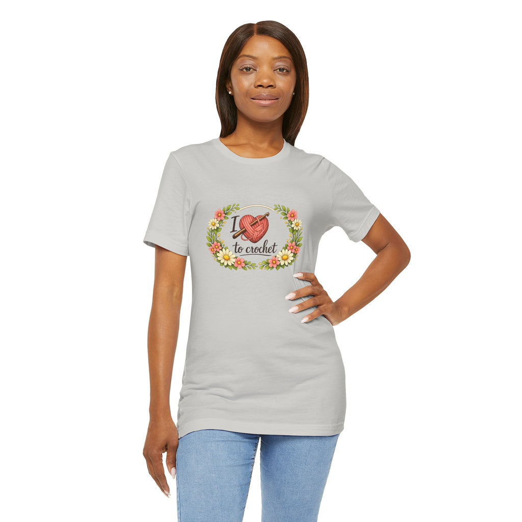 I Love to Crochet T-Shirt | Crochet Heart Graphic, Floral Wreath Tee