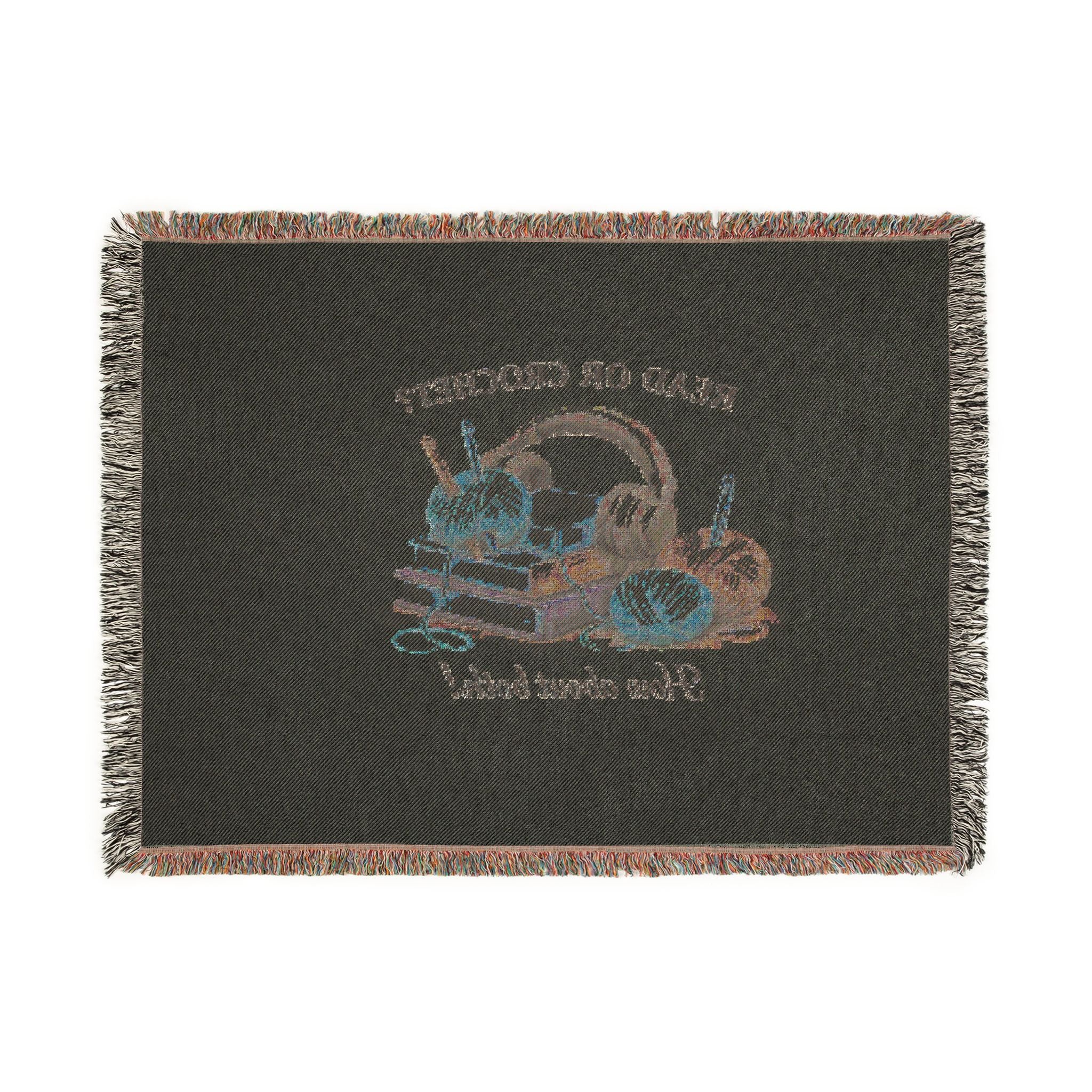 Woven cotton throw blanket with yarn and books design