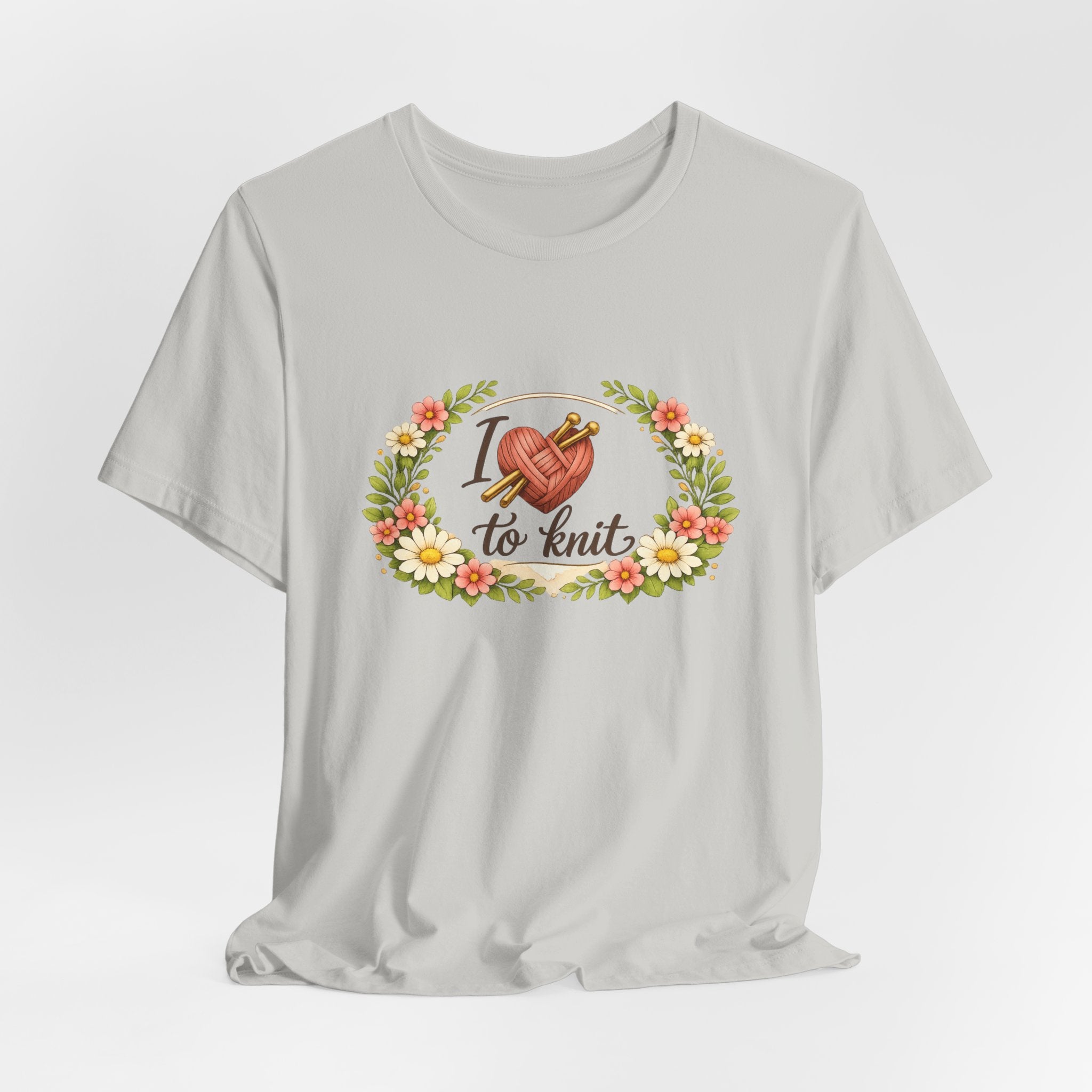 I Love to Knit T-Shirt | Knitting Heart Graphic, Floral Wreath Tee