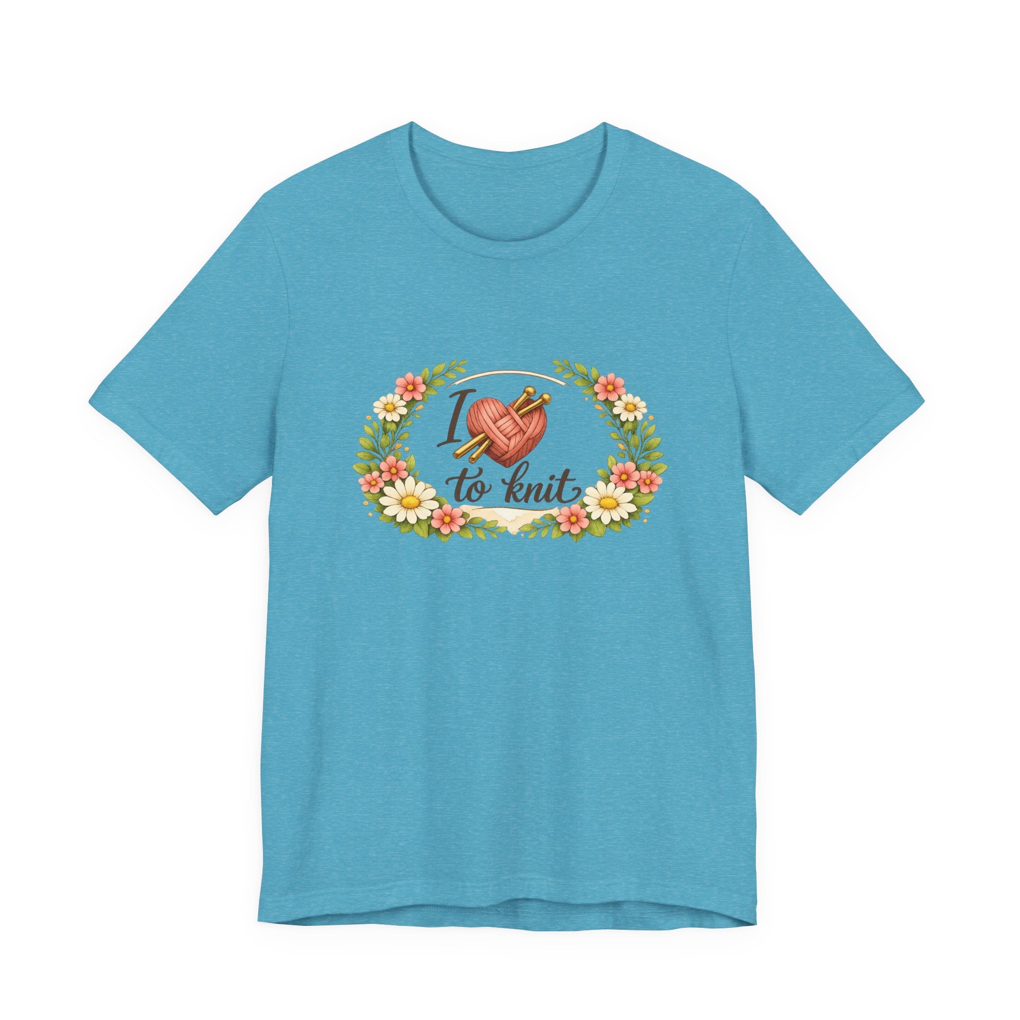 I Love to Knit T-Shirt | Knitting Heart Graphic, Floral Wreath Tee