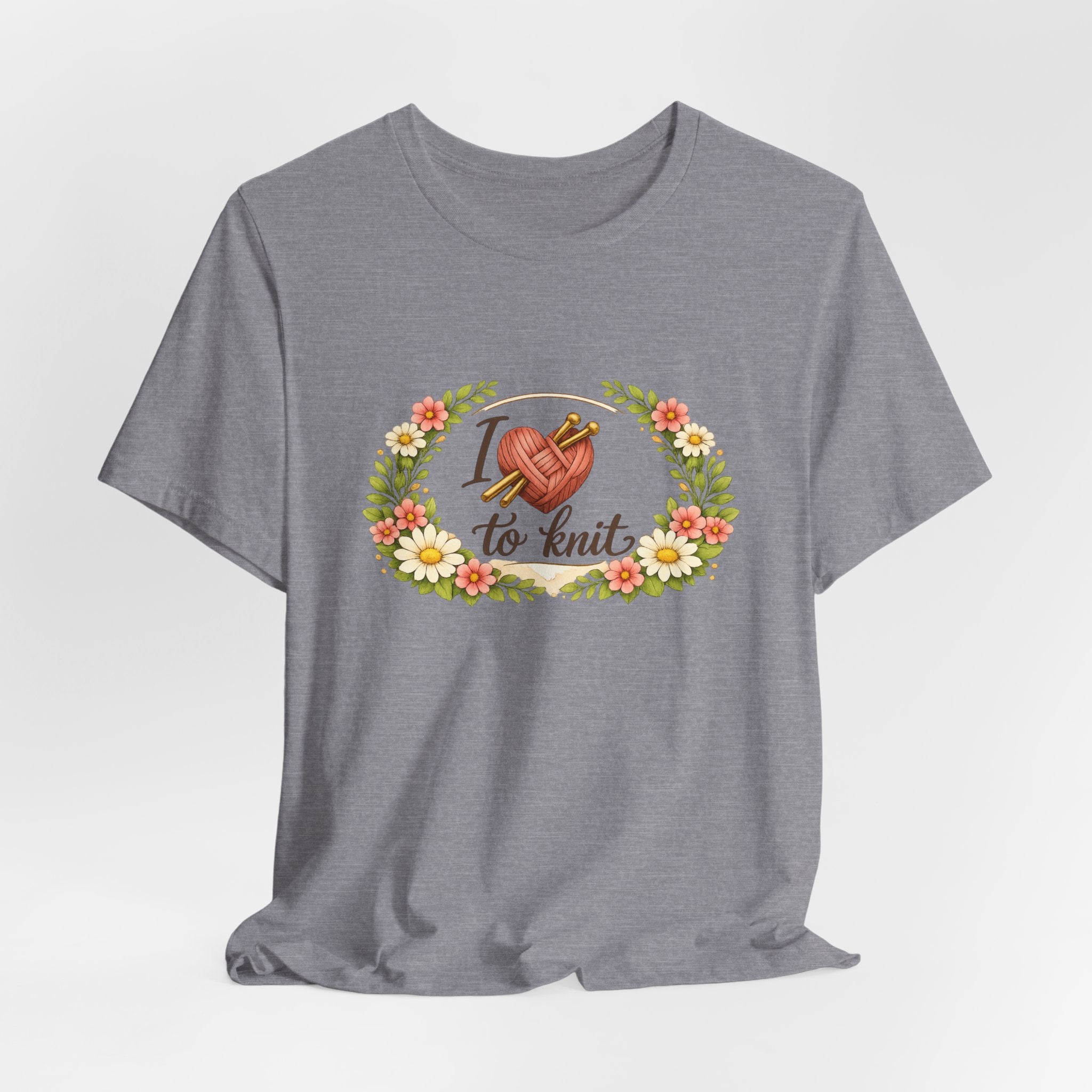 I Love to Knit T-Shirt | Knitting Heart Graphic, Floral Wreath Tee