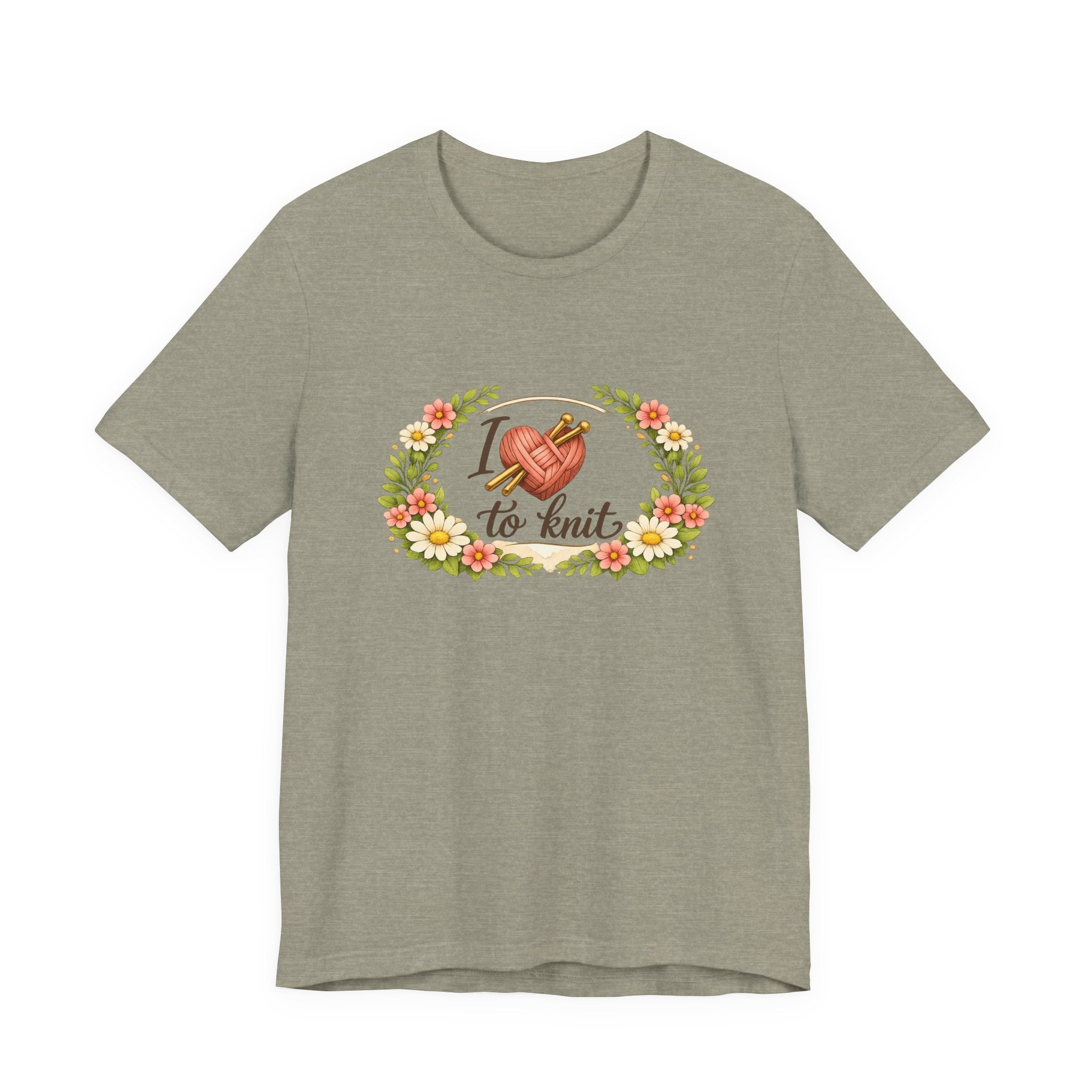I Love to Knit T-Shirt | Knitting Heart Graphic, Floral Wreath Tee