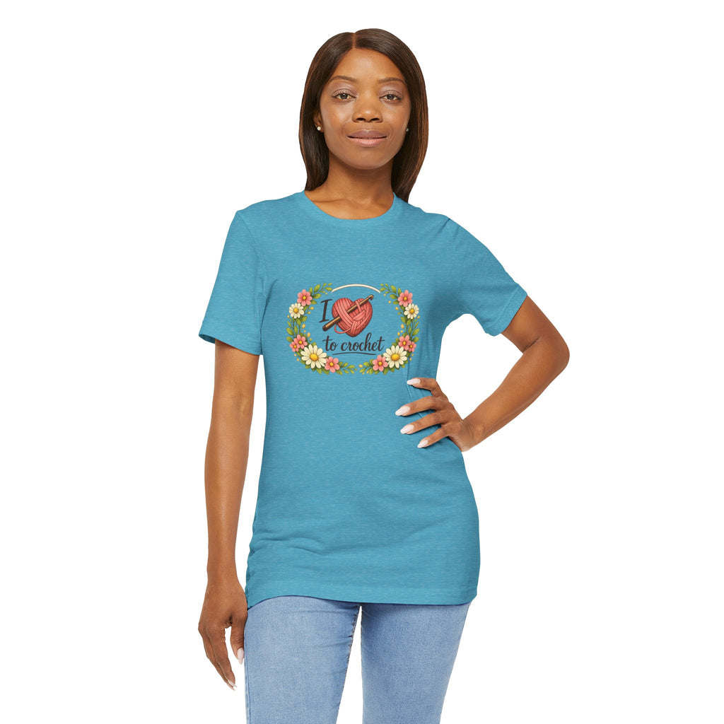 I Love to Crochet T-Shirt | Crochet Heart Graphic, Floral Wreath Tee