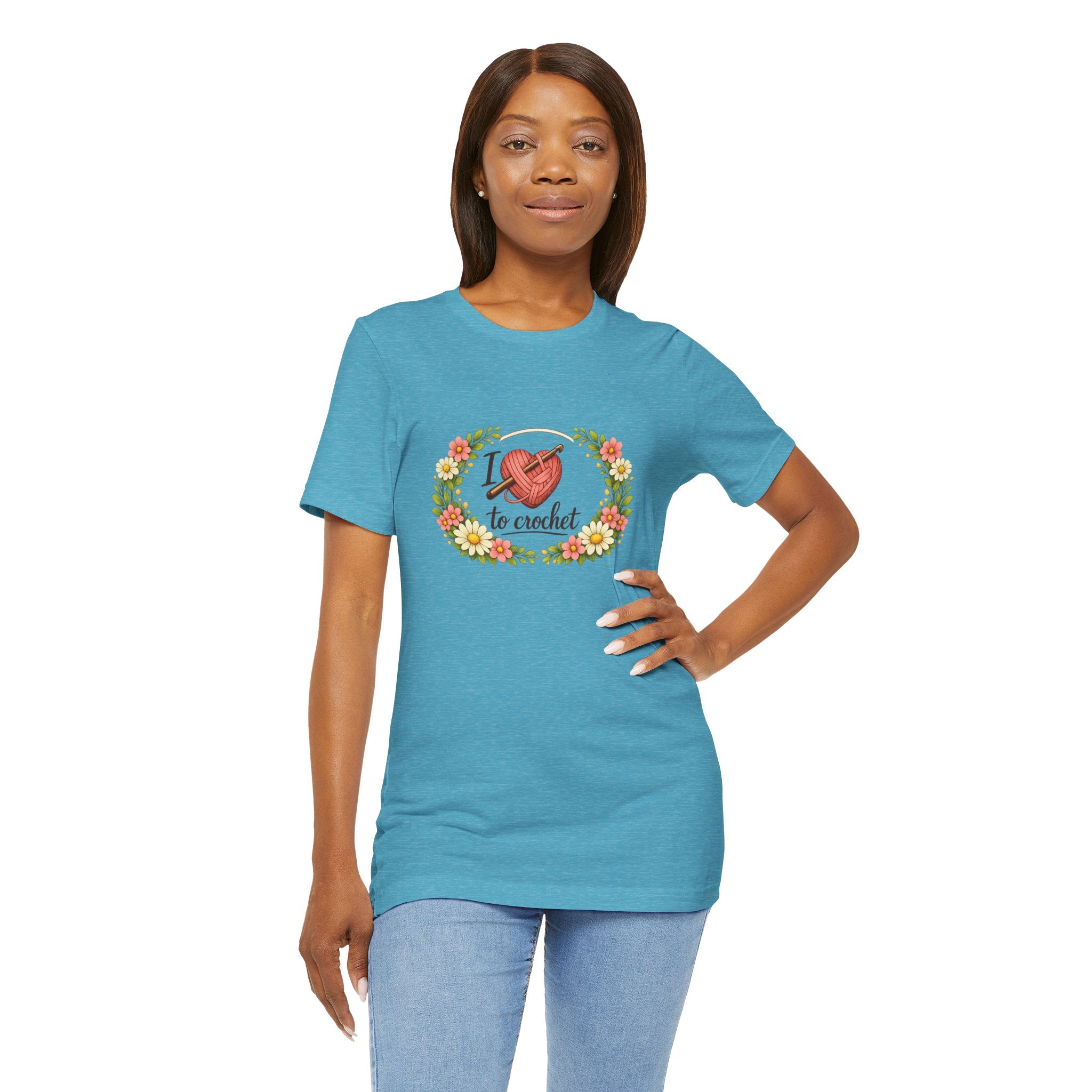 I Love to Crochet T-Shirt | Crochet Heart Graphic, Floral Wreath Tee