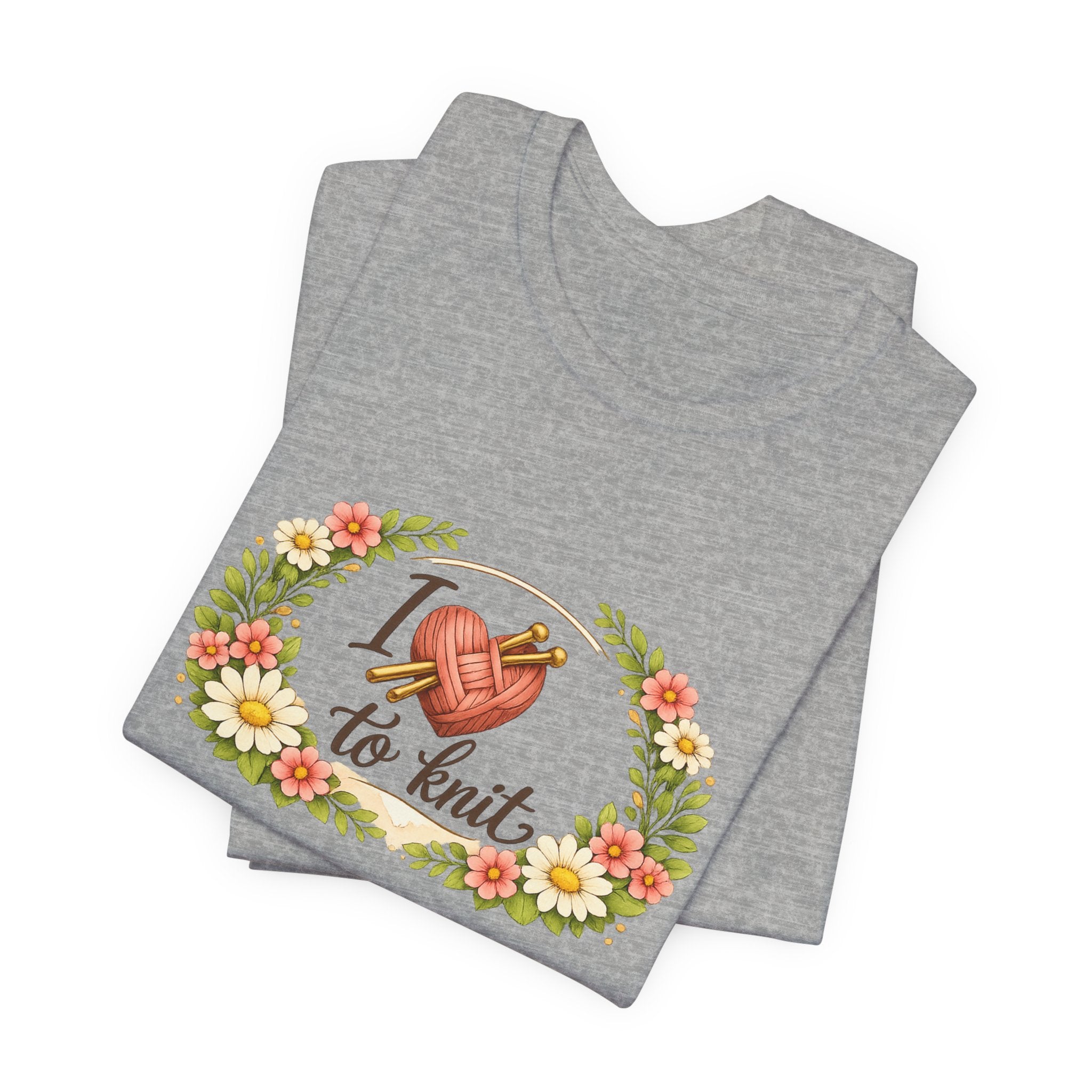 I Love to Knit T-Shirt | Knitting Heart Graphic, Floral Wreath Tee